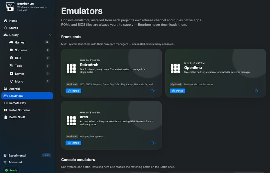 Bourbon 26 Emulators screen listing the RetroArch, OpenEmu and ares front-ends