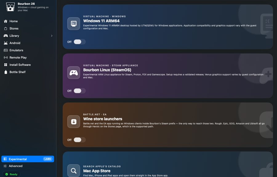 Bourbon 26 Experimental page with the Windows 11 ARM64 and Bourbon Linux virtual machine experiments switched off