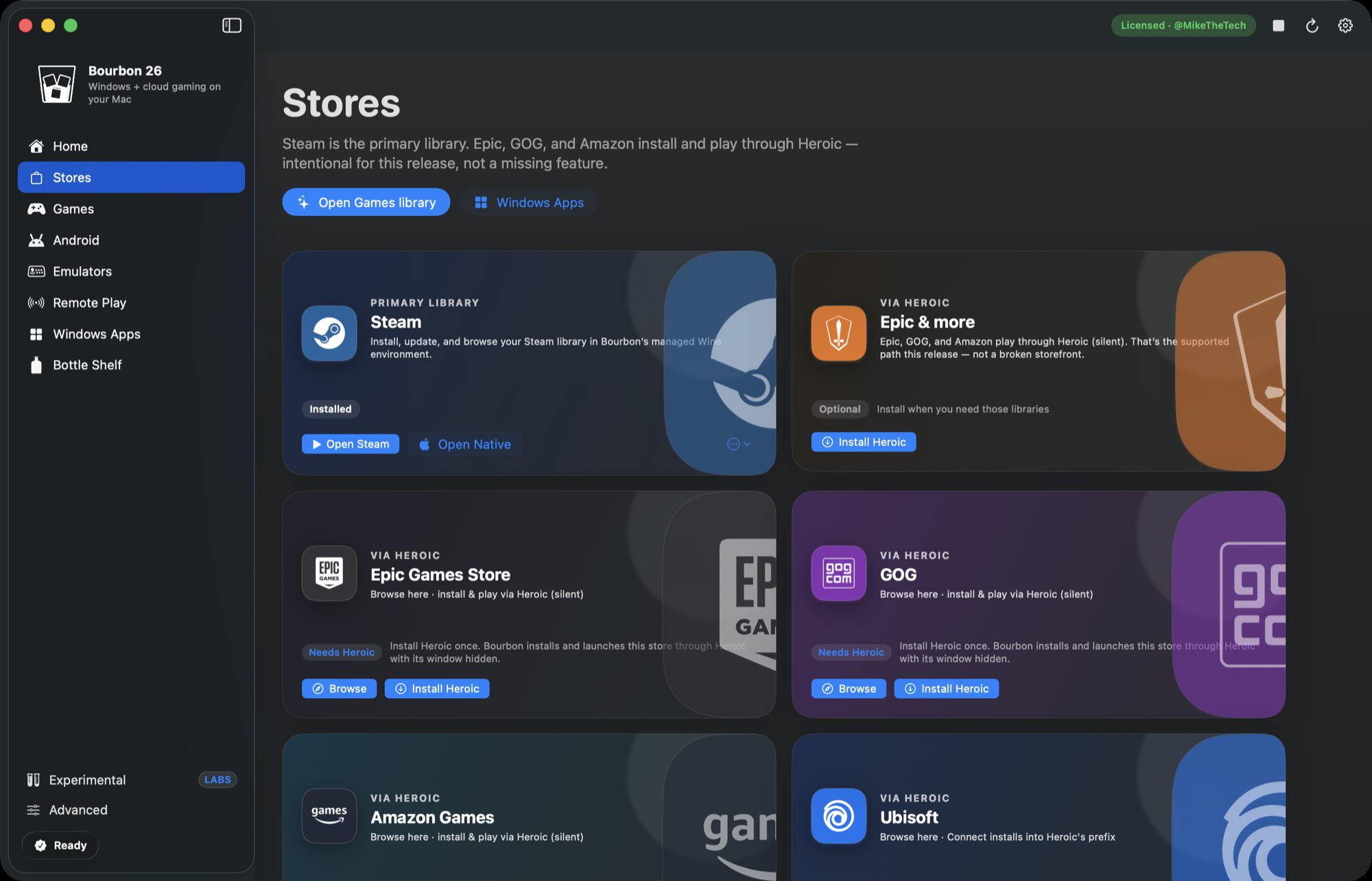 Bourbon 26 Stores tab with Steam