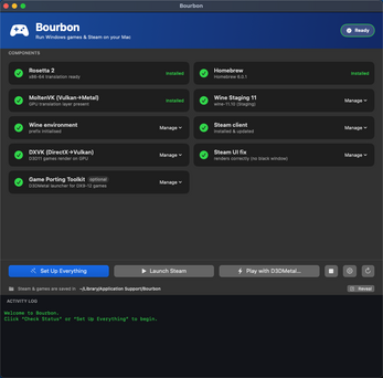 Bourbon 26 app showing Steam and game setup on macOS
