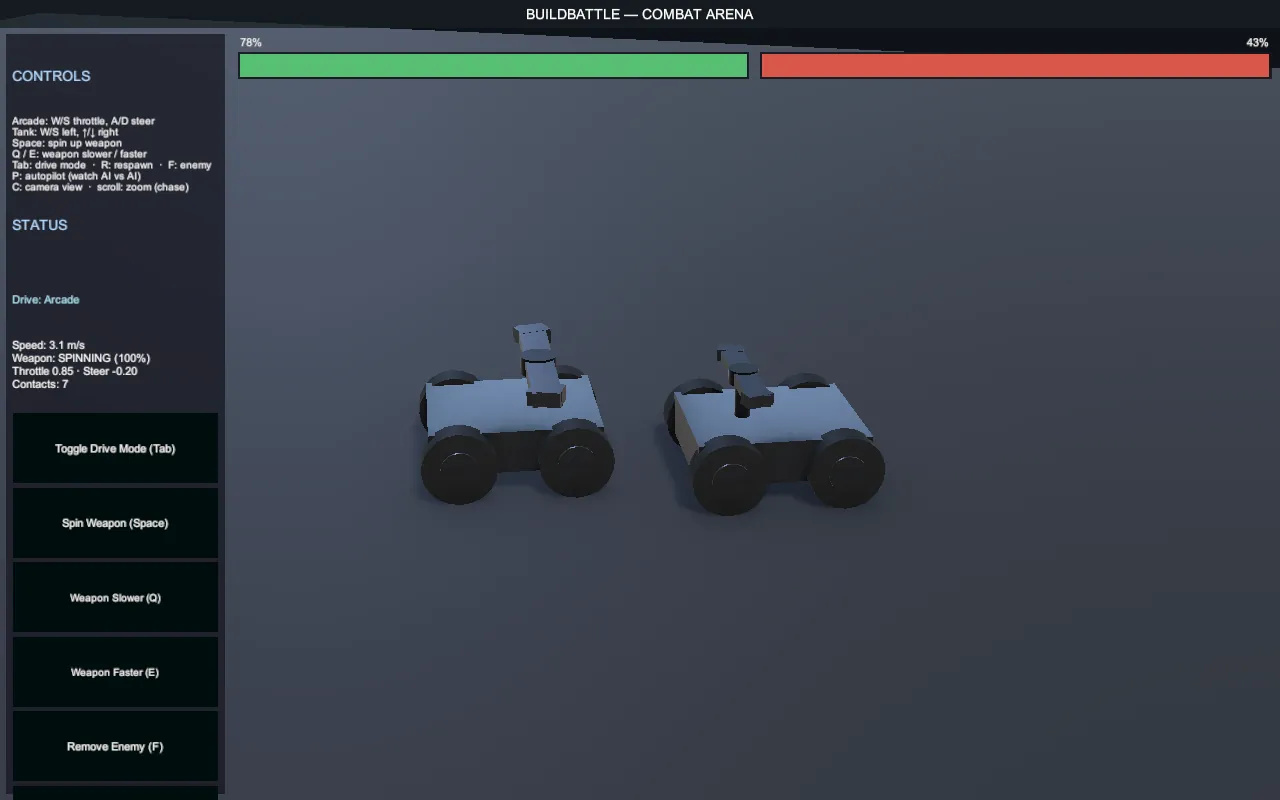 BuildBattle combat arena with two robots and live HUD