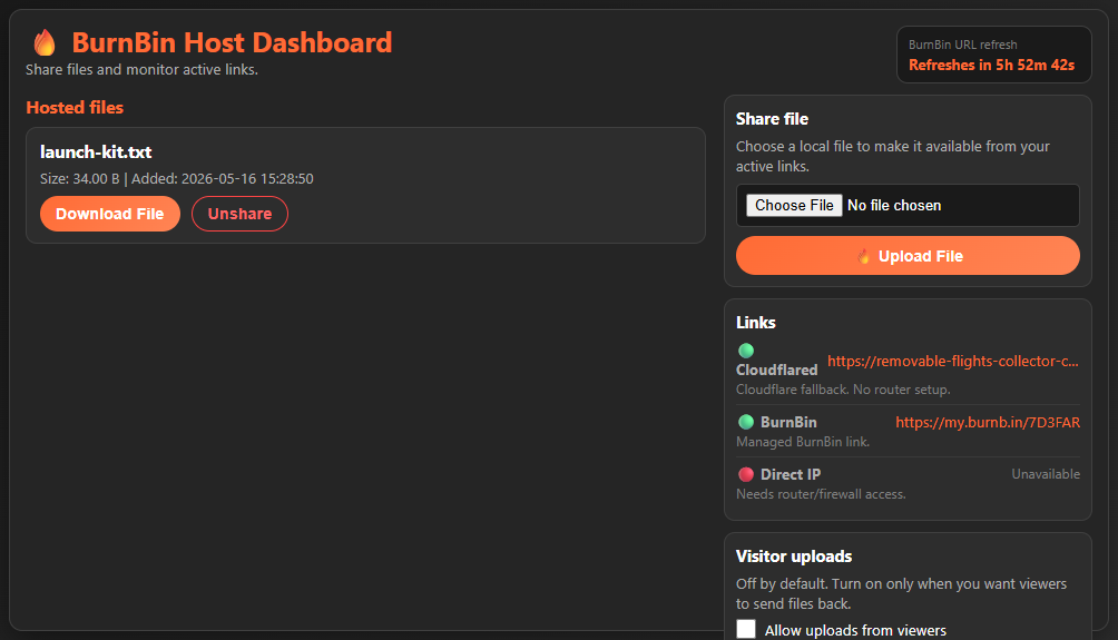 BurnBin file sharing dashboard