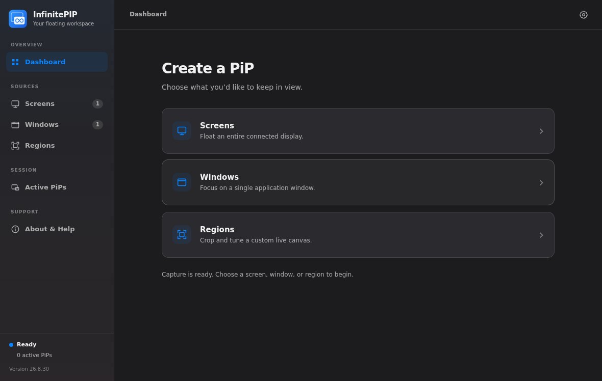 The InfinitePIP 26.8.30 dashboard in the dark theme, captured from the Linux build, offering Screens, Windows and Regions to float