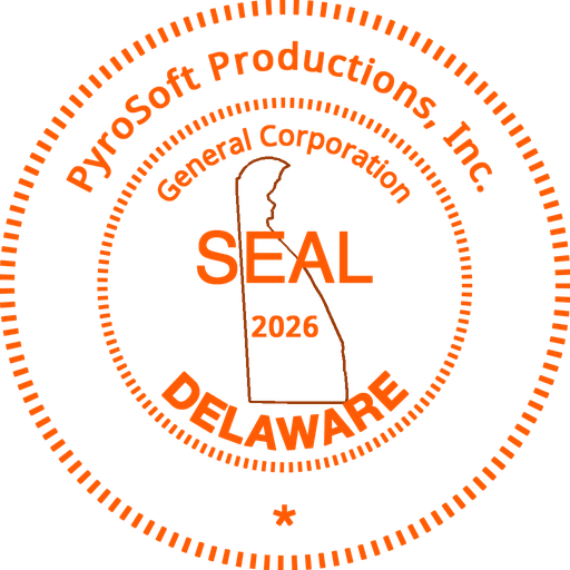 Corporate seal of PyroSoft Productions, Inc., a Delaware general corporation, 2026