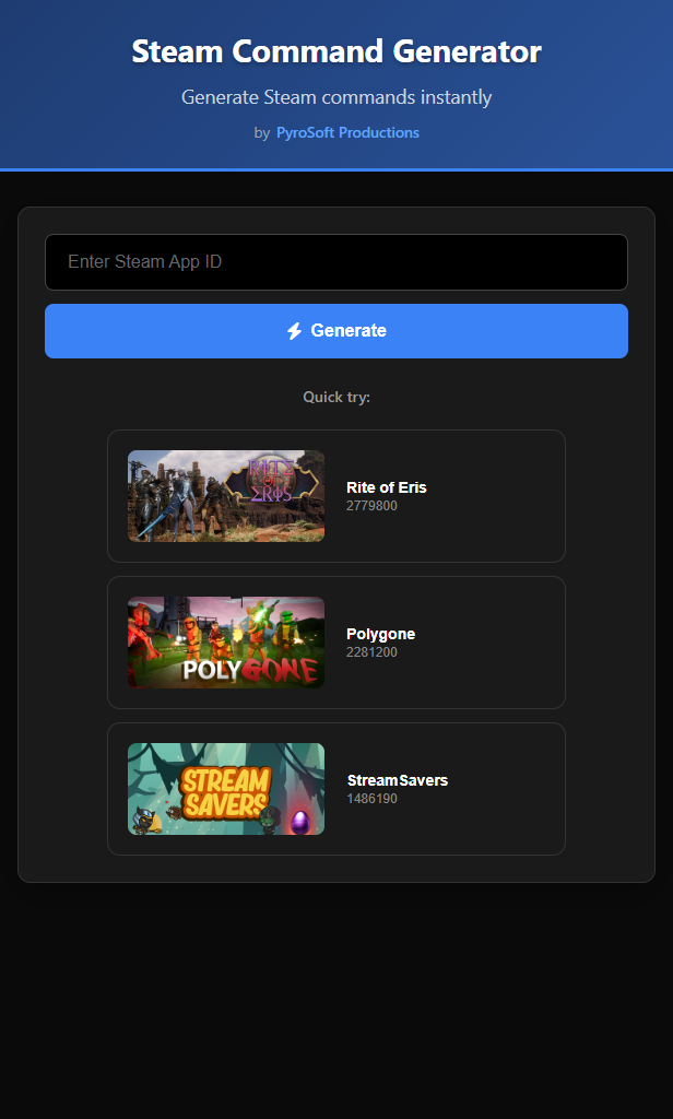 Steam Command Generator interface with quick-try game examples