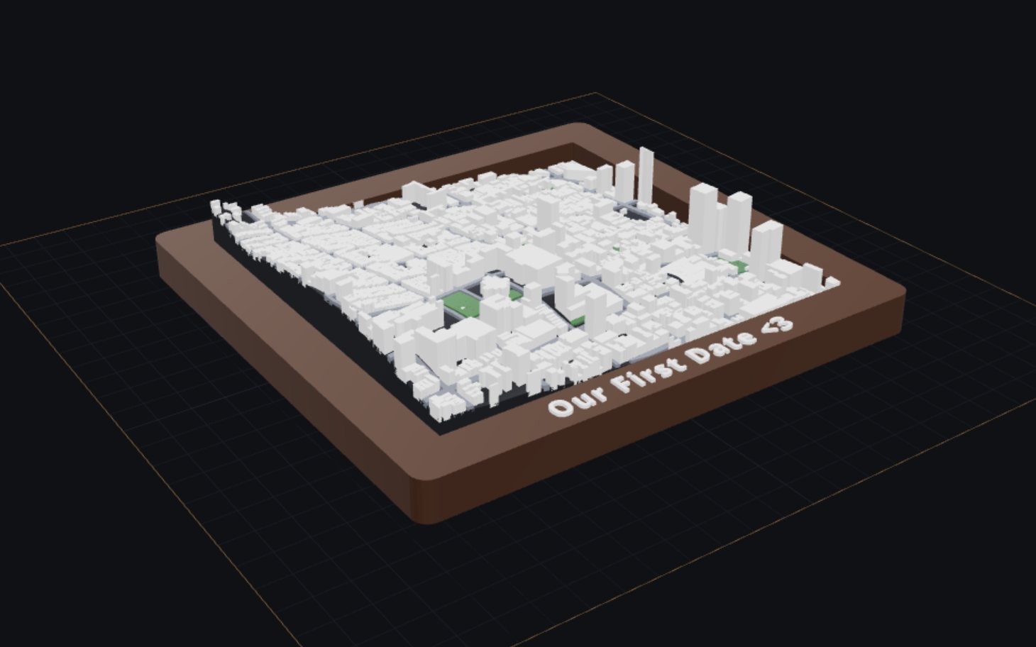 A BambiMaps model of Nob Hill, San Francisco on a build plate: white buildings over real terrain in a walnut frame with “Our First Date <3” raised on the rail