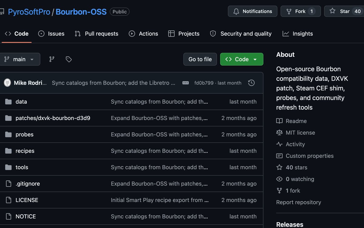 The public PyroSoftPro/Bourbon-OSS repository on GitHub: data, patches, probes, recipes and tools folders, with an MIT licence