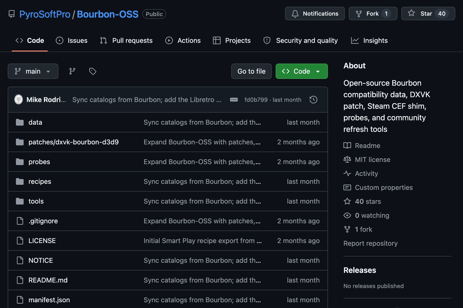 The PyroSoftPro/Bourbon-OSS repository on GitHub: data, patches, probes, recipes and tools folders, an MIT licence and 40 stars