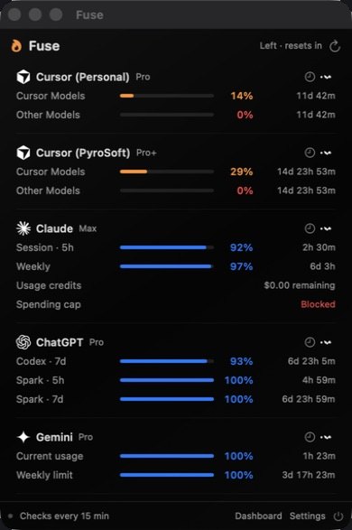 The Fuse dashboard window listing Cursor, Claude, ChatGPT and Gemini accounts with plan badges, remaining-capacity bars and reset countdowns