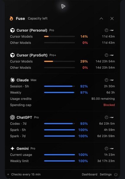 Fuse's floating notch expanded from the top edge of the display, showing remaining-capacity meters and reset times for two Cursor accounts, Claude, ChatGPT and Gemini