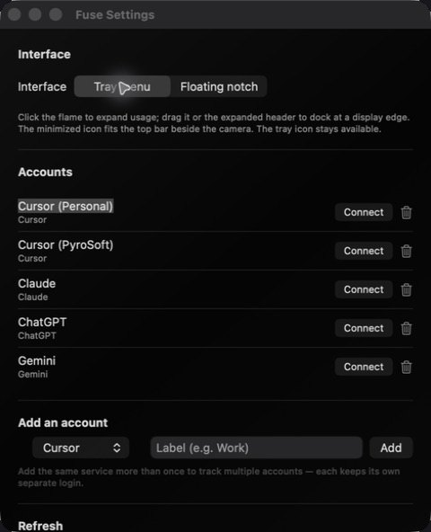 Fuse Settings showing the Tray menu and Floating notch switch, five accounts with Connect buttons, and the Add an account controls