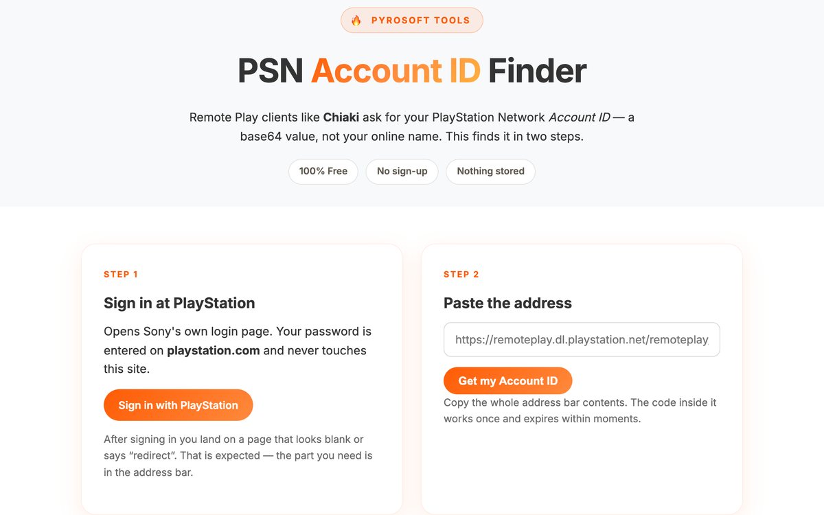 The PSN Account ID Finder: step 1, sign in at PlayStation; step 2, paste the address and get your Account ID