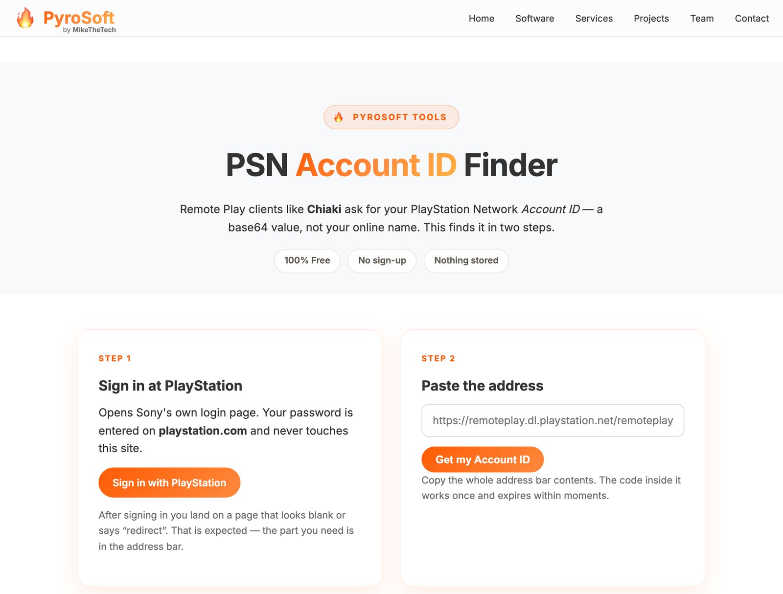 The PSN Account ID Finder page: step 1, Sign in at PlayStation, beside step 2, Paste the address, with a Get my Account ID button