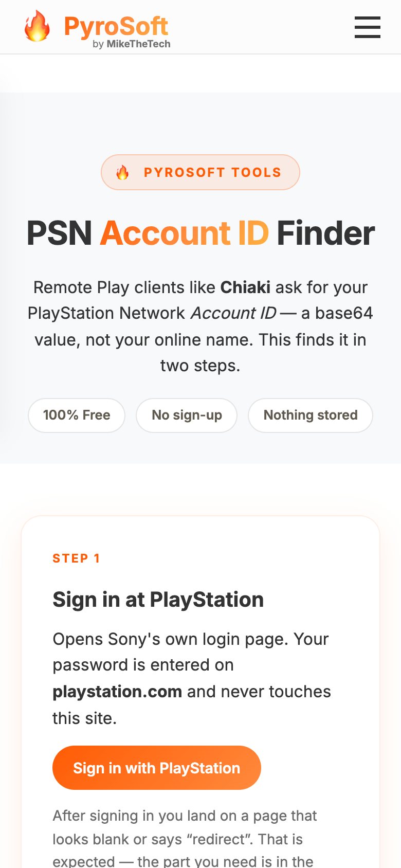 The PSN Account ID Finder on a phone-width screen, showing the title and step 1, Sign in at PlayStation