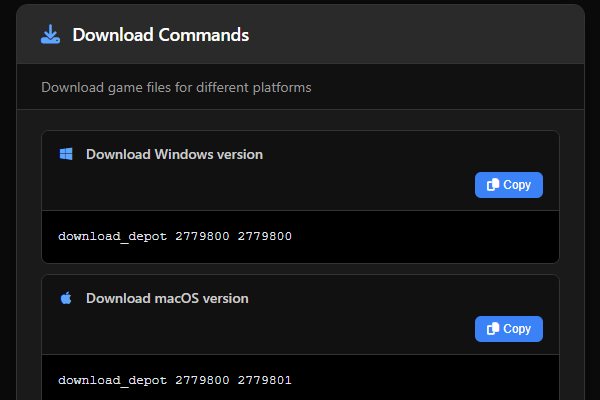 Steam Command Generator's download commands for Rite of Eris: download_depot lines for the Windows and macOS versions, each with a Copy button