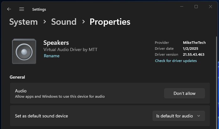 Windows Sound settings showing the Speakers device from the Virtual Audio Driver, with MikeTheTech as the provider
