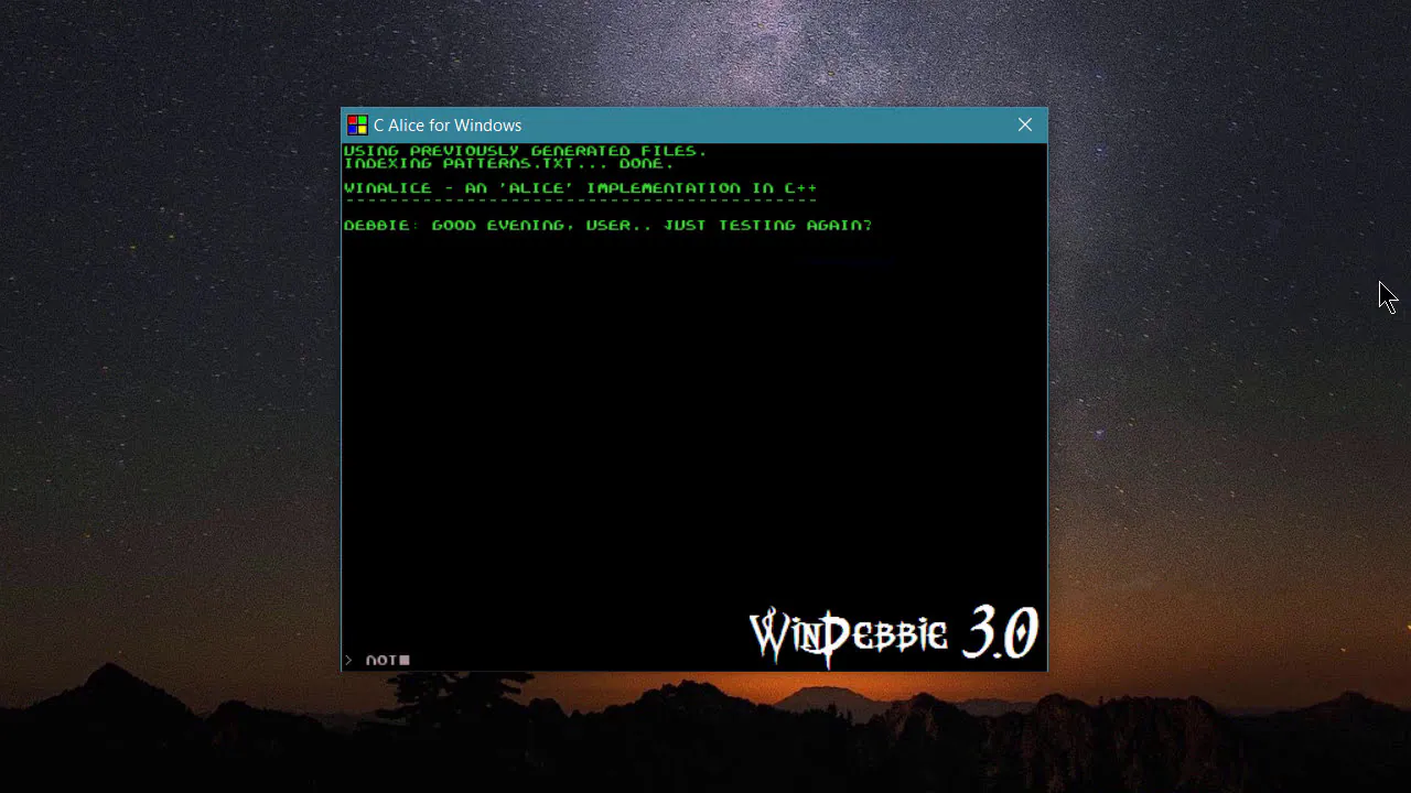 WinDebbie 3.0 starting up and loading its AIML files