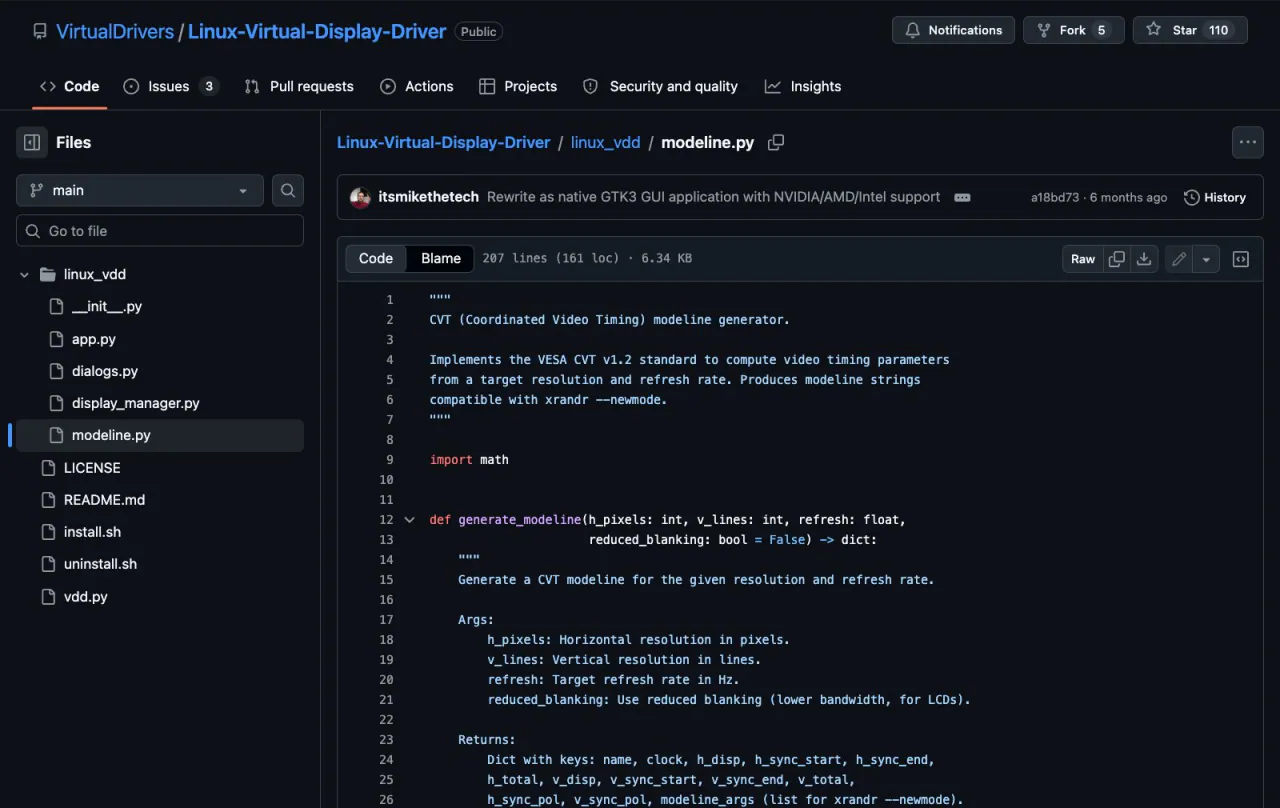 GitHub source view of linux_vdd/modeline.py: a CVT modeline generator that implements the VESA CVT v1.2 standard and produces modeline strings compatible with xrandr --newmode