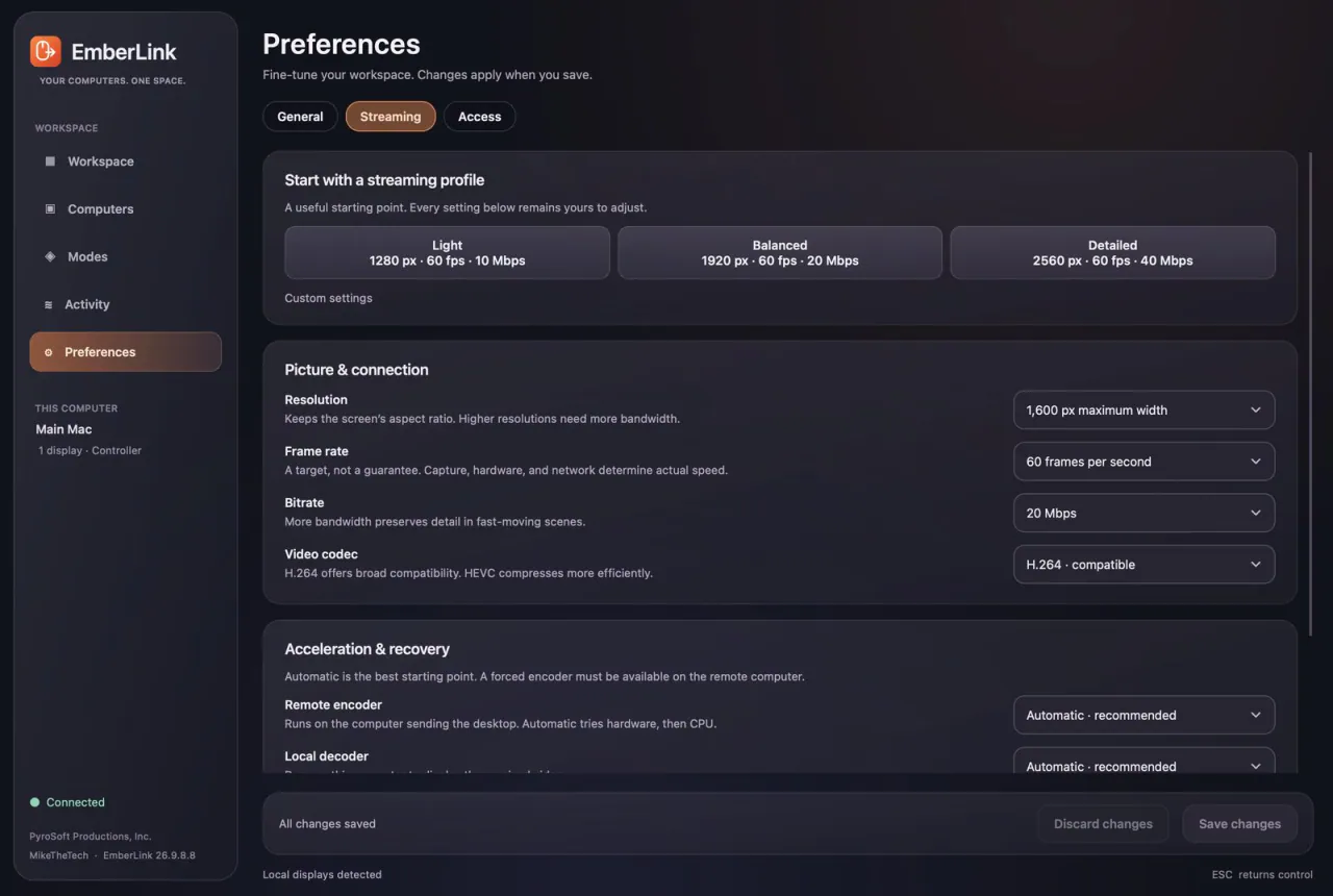 EmberLink Streaming preferences: Light, Balanced and Detailed profiles, then resolution, frame rate, bitrate and video codec settings, and encoder options