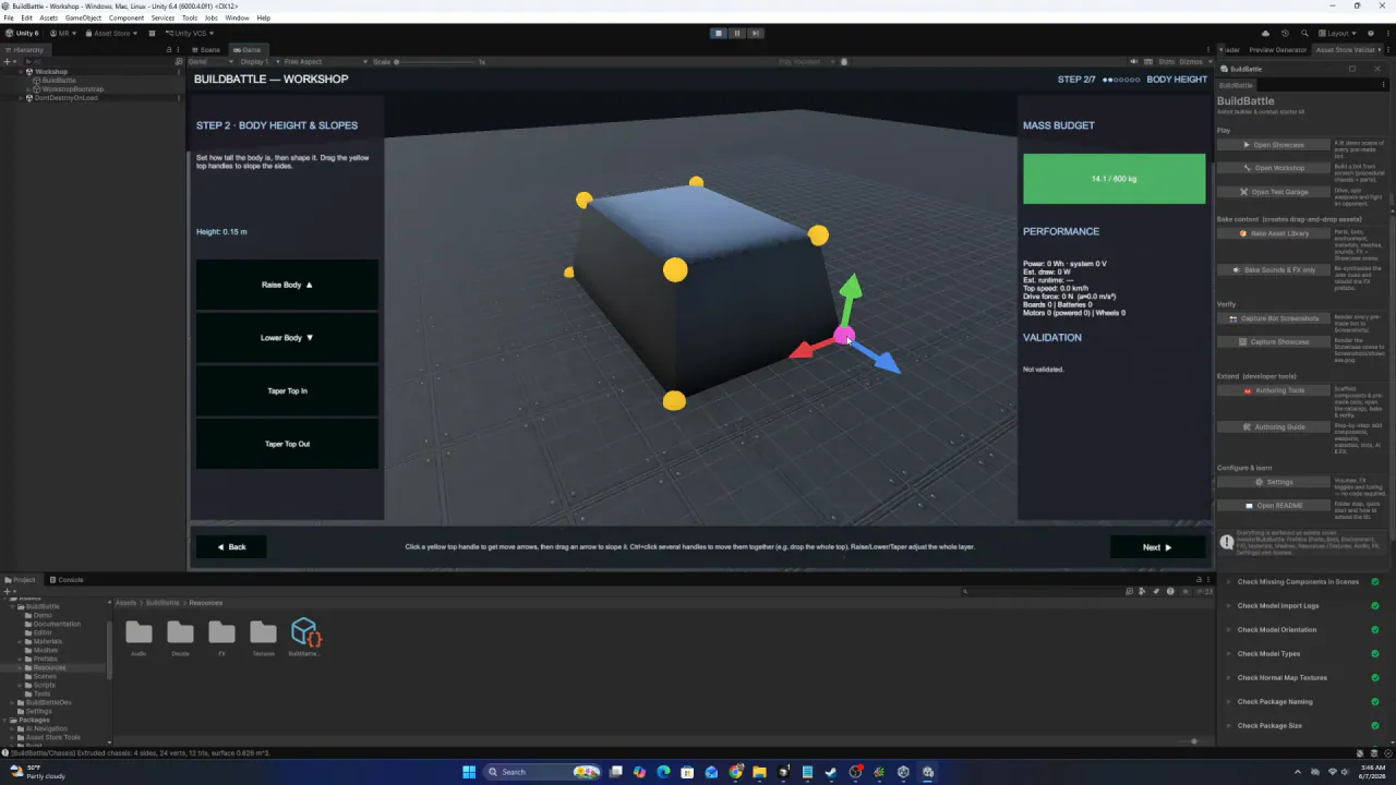 Unity editor, BuildBattle Workshop step 2 (Body Height & Slopes): shaping the chassis with corner handles and move arrows