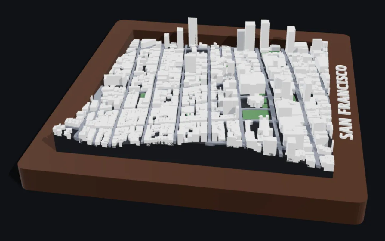 BambiMaps relief of Nob Hill, San Francisco: dense white buildings rising over real hills in a walnut frame lettered SAN FRANCISCO