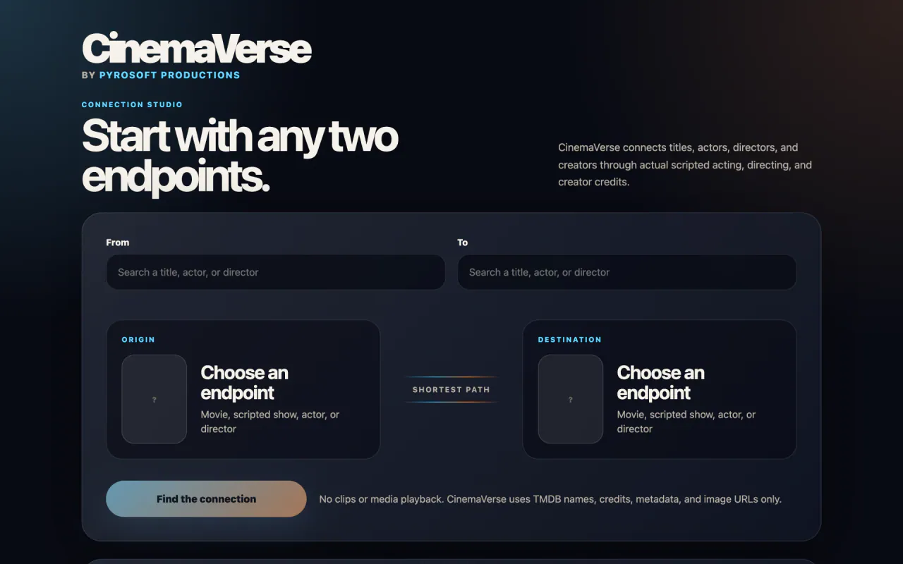 CinemaVerse start screen with From and To search fields and Origin and Destination cards