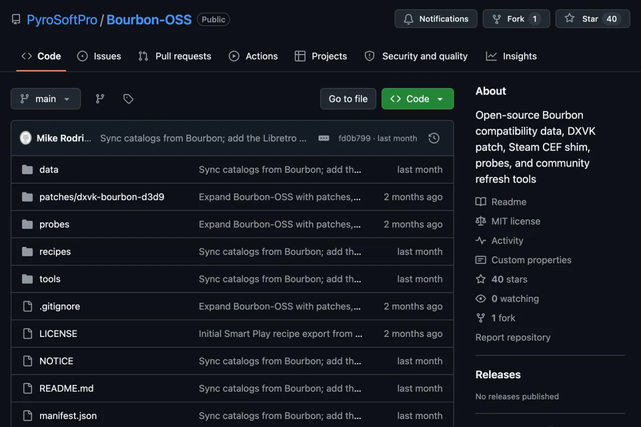 The PyroSoftPro/Bourbon-OSS repository on GitHub: data, patches, probes, recipes and tools folders, an MIT licence and 40 stars