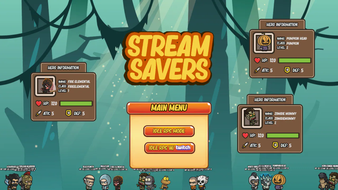 StreamSavers main menu with Idle RPG modes and Fire Elemental, Pumpkin Head and Zombie Mummy character panels