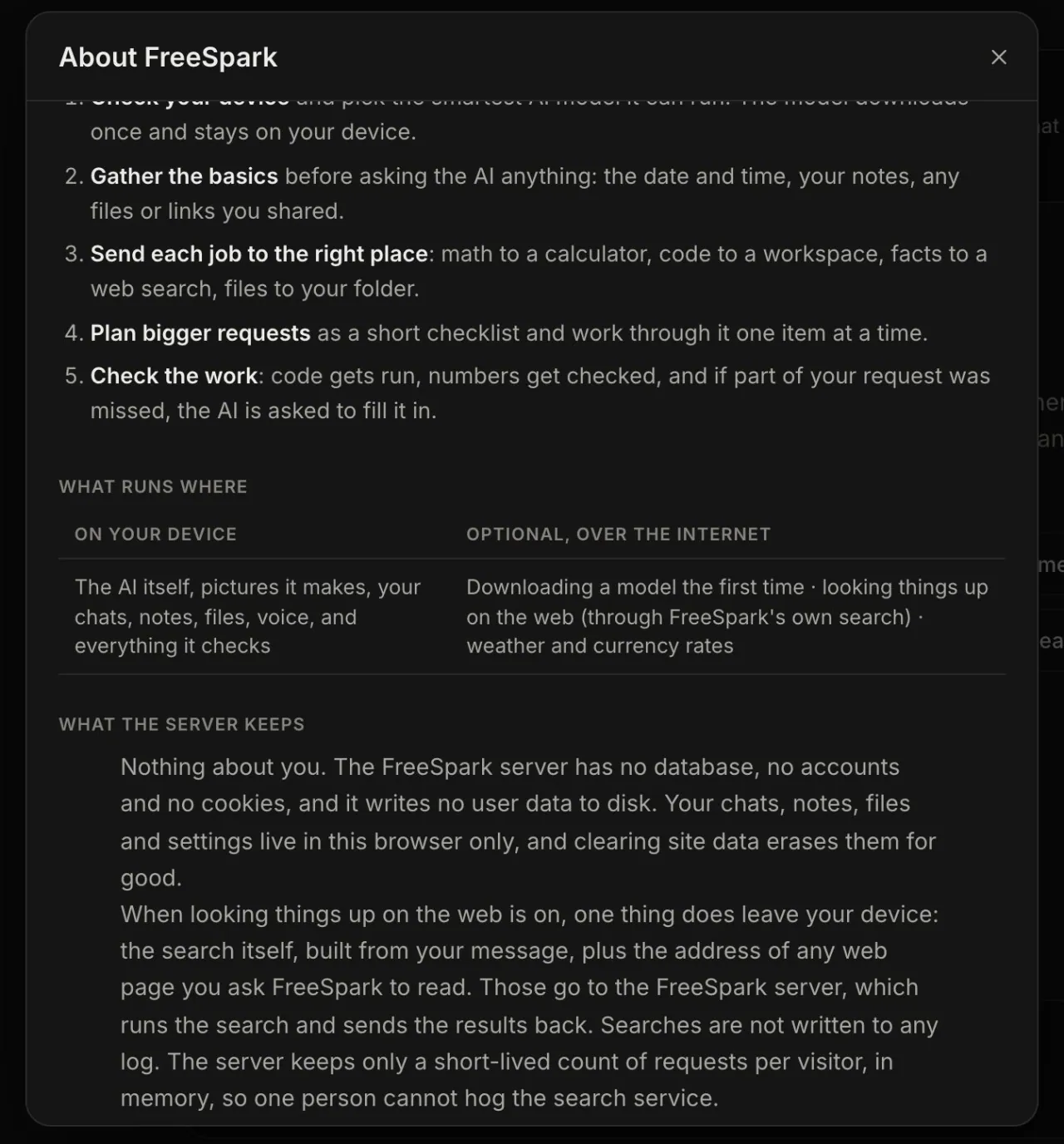 FreeSpark About dialog: how it works, a table of what runs on your device versus optionally over the internet, and what the server keeps