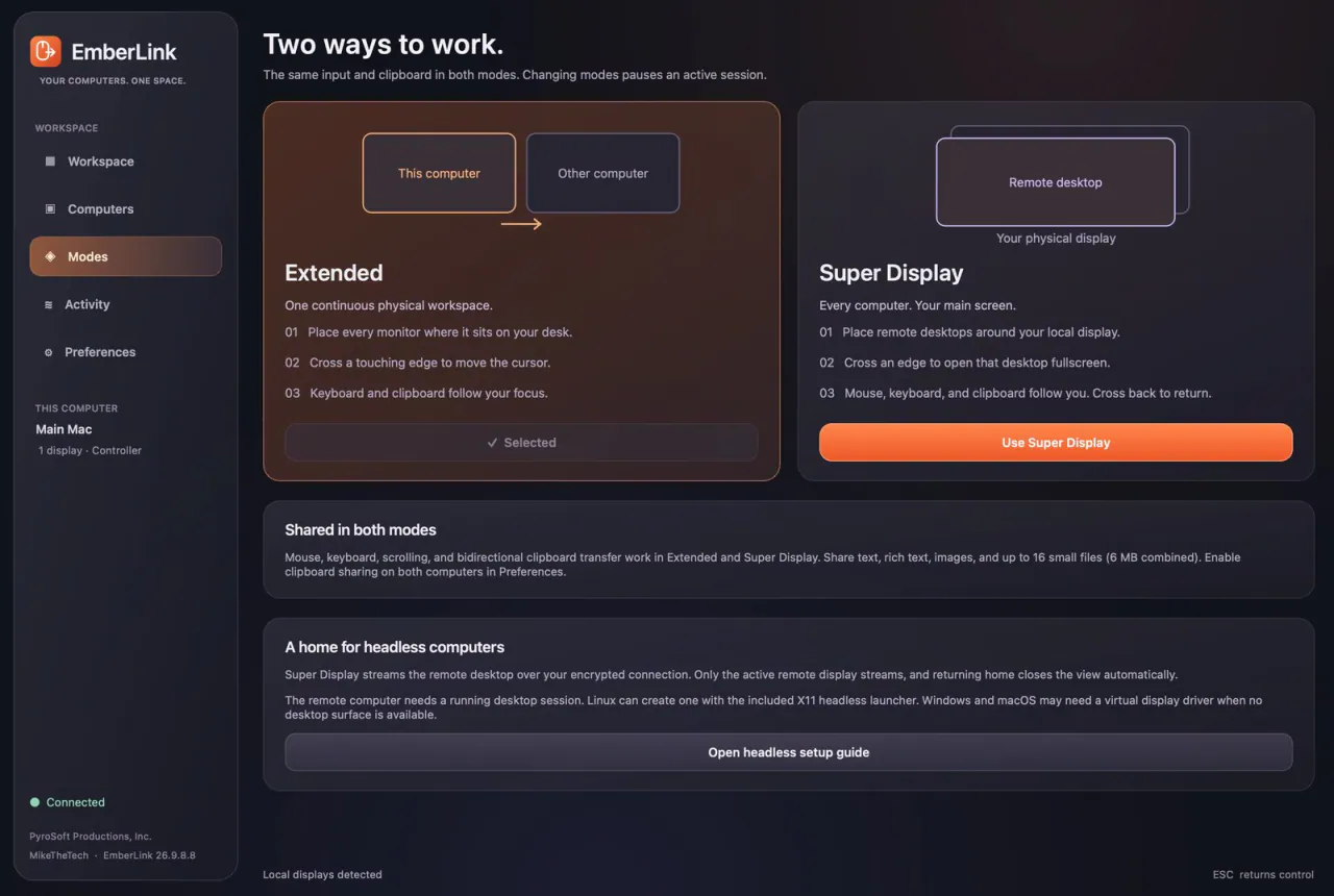 The EmberLink Modes page comparing Extended, one continuous physical workspace, with Super Display, every computer on your main screen, above panels on shared input and headless computers