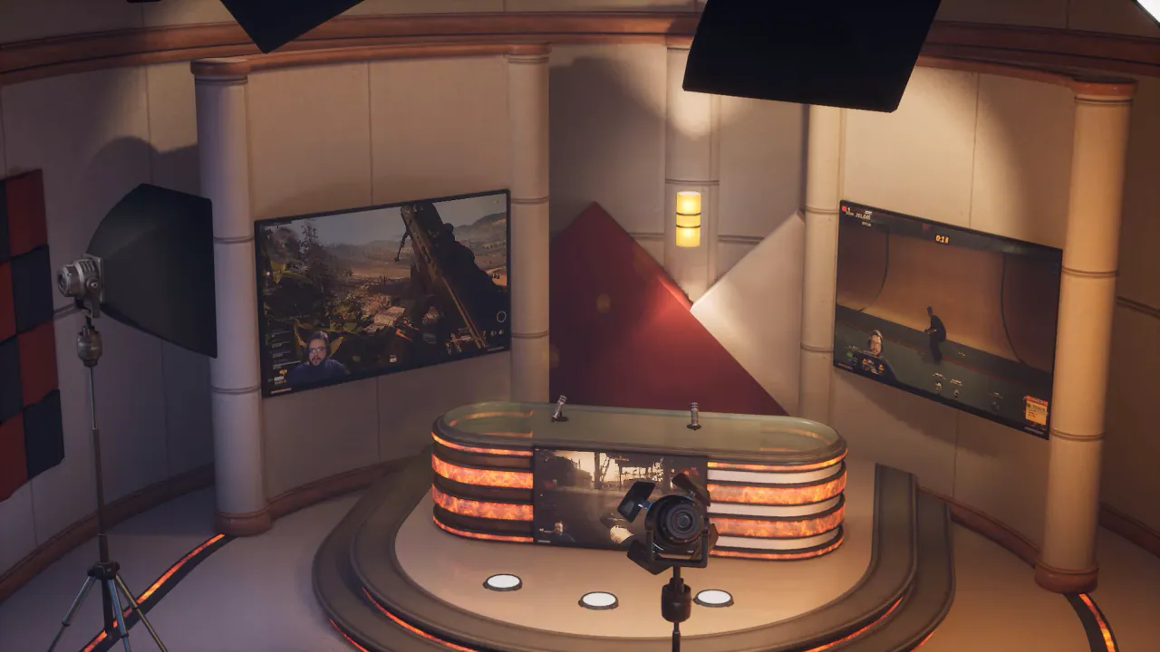 Virtual studio set with beige columns, a flame-panel desk and wall screens