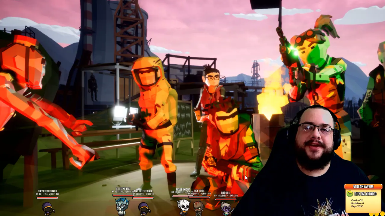 StreamSavers characters and status bars along the bottom of a video with a face camera overlay