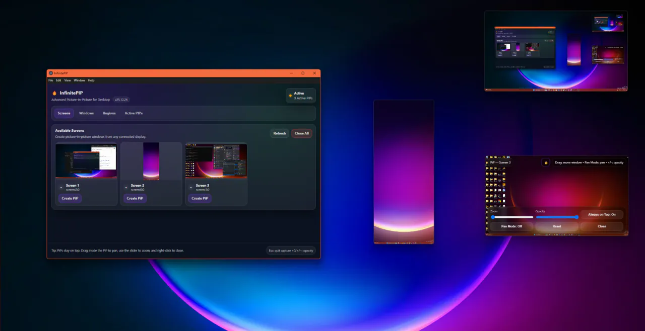 An earlier InfinitePIP release on a Windows desktop: the main window listing three screens, with several floating PiP windows open, one showing its zoom, opacity and always-on-top controls