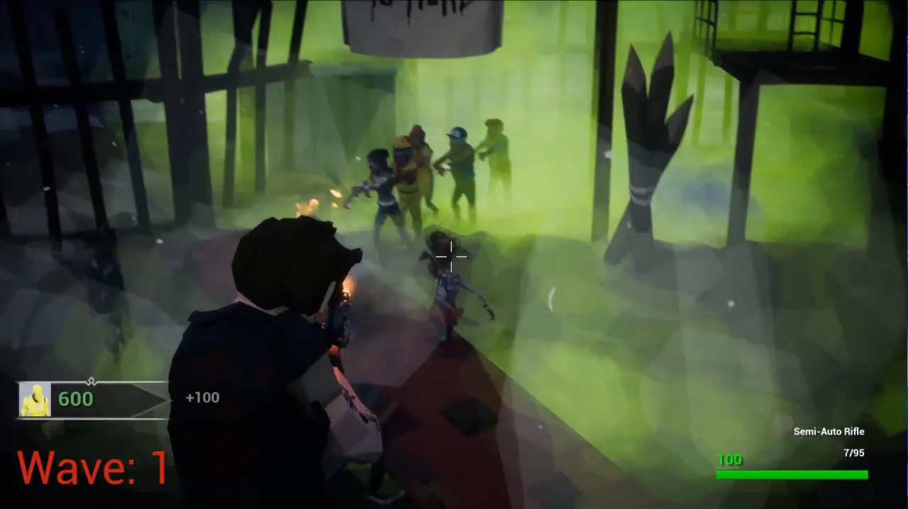 Low-poly zombies advancing through green fog toward the player