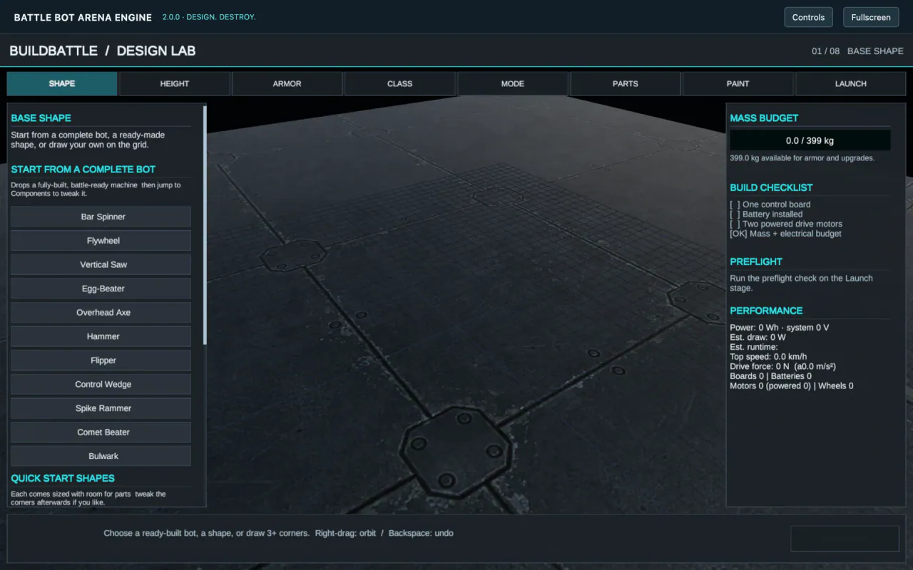 BuildBattle Design Lab in the WebGL demo at step 01/08 Base Shape, with a list of pre-made bots