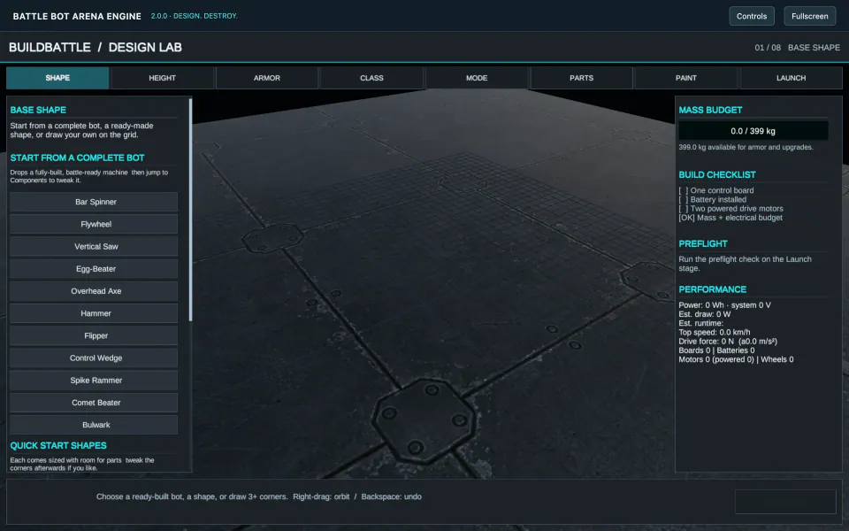 BuildBattle Design Lab in the WebGL demo at step 01/08 Base Shape, with a list of pre-made bots