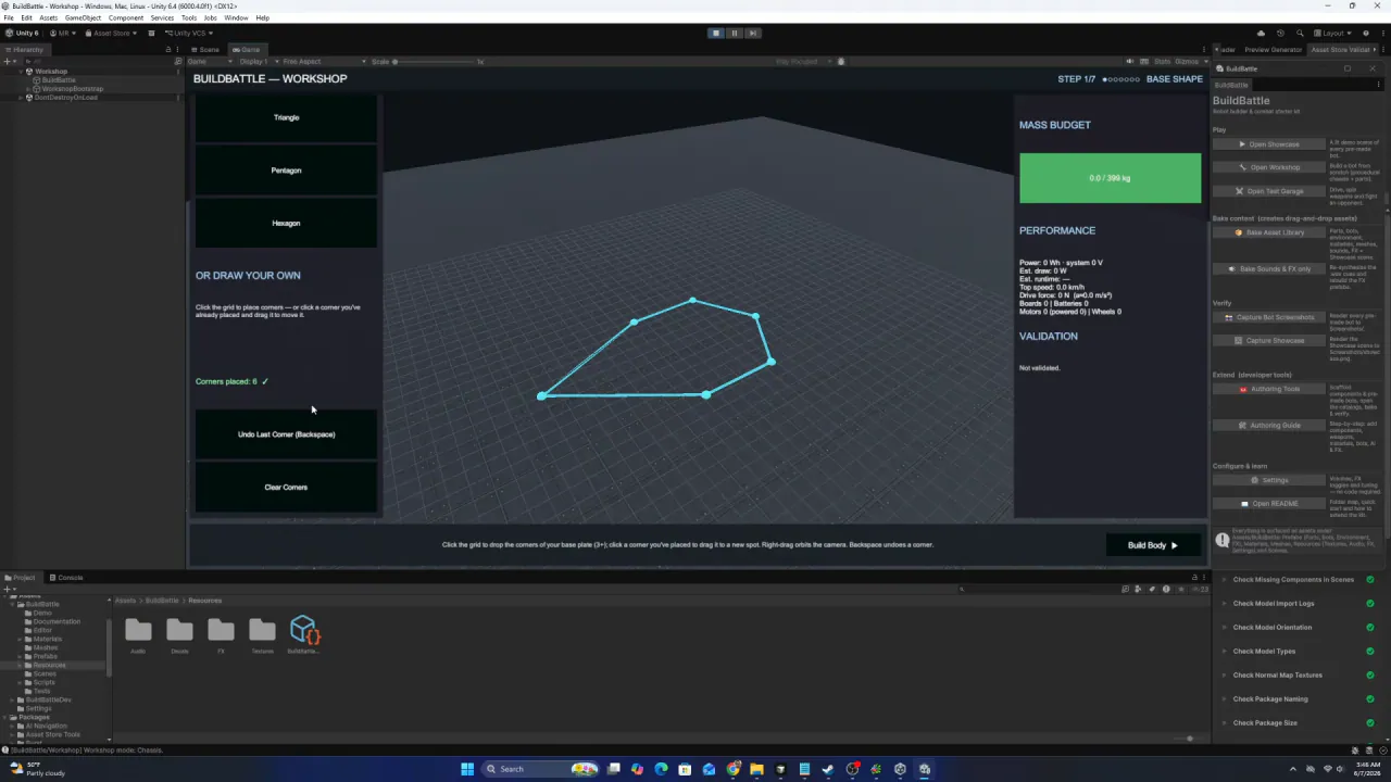 Unity editor, BuildBattle Workshop step 1 (Base Shape): a custom six-corner base plate drawn on the grid