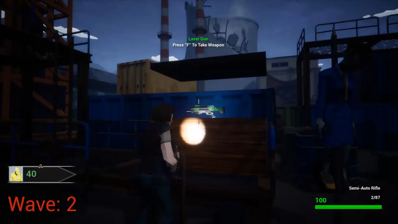 A laser gun on a wall buy point between shipping containers, with a “Press F to take weapon” prompt, wave 2