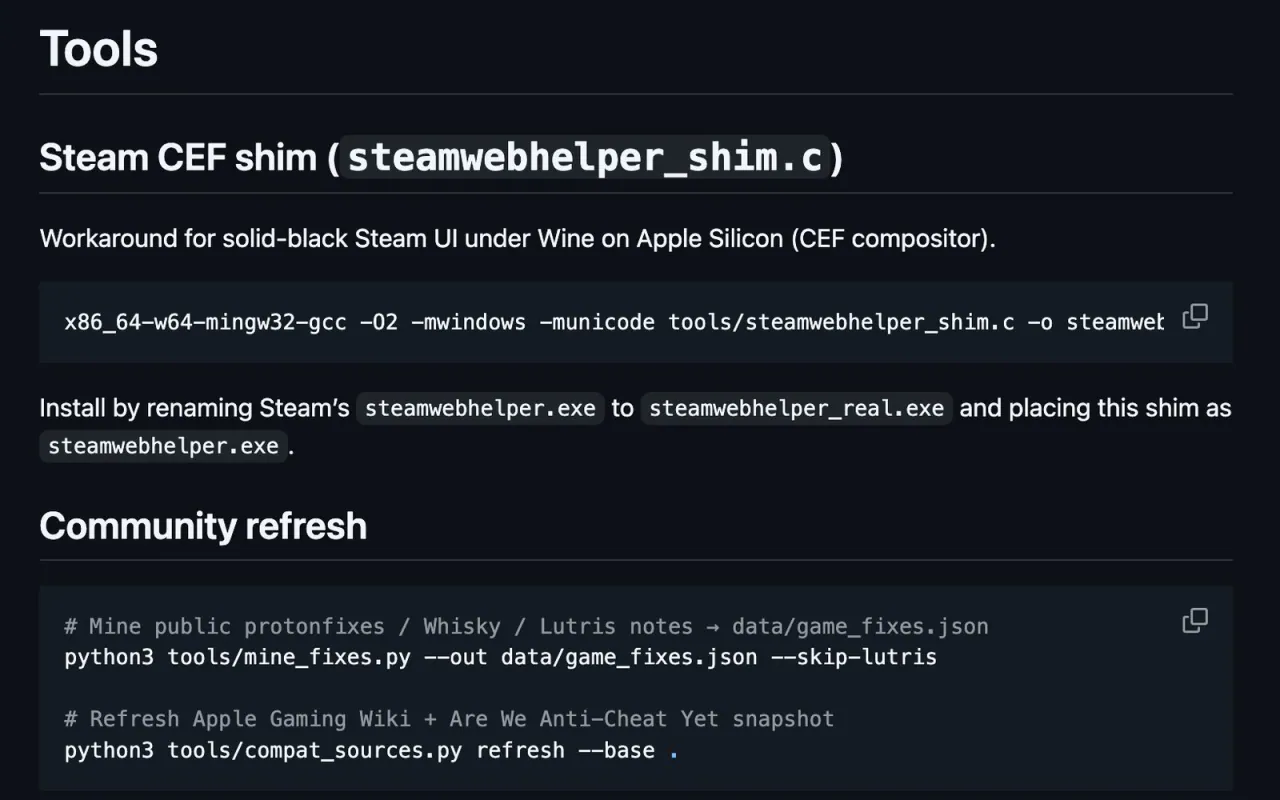 The tools README: the Steam CEF shim build line and install steps, and the community refresh commands