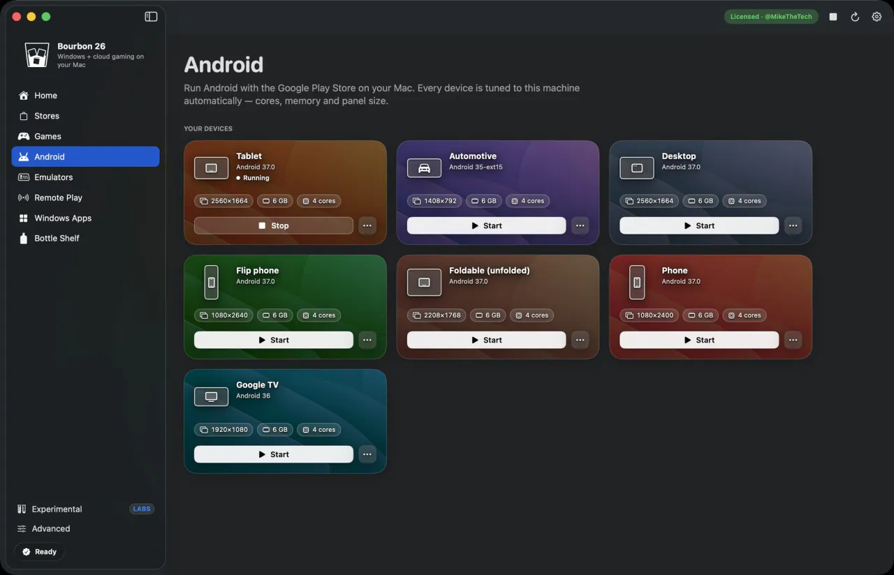 Bourbon 26 Android screen with tablet, phone, foldable, flip phone, Google TV, Automotive and desktop devices