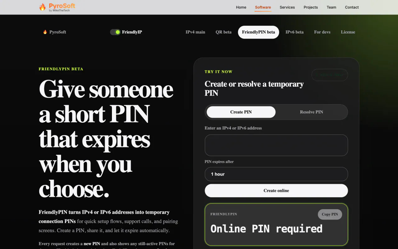 FriendlyPIN page with Create PIN and Resolve PIN tabs and a 1-hour expiry picker