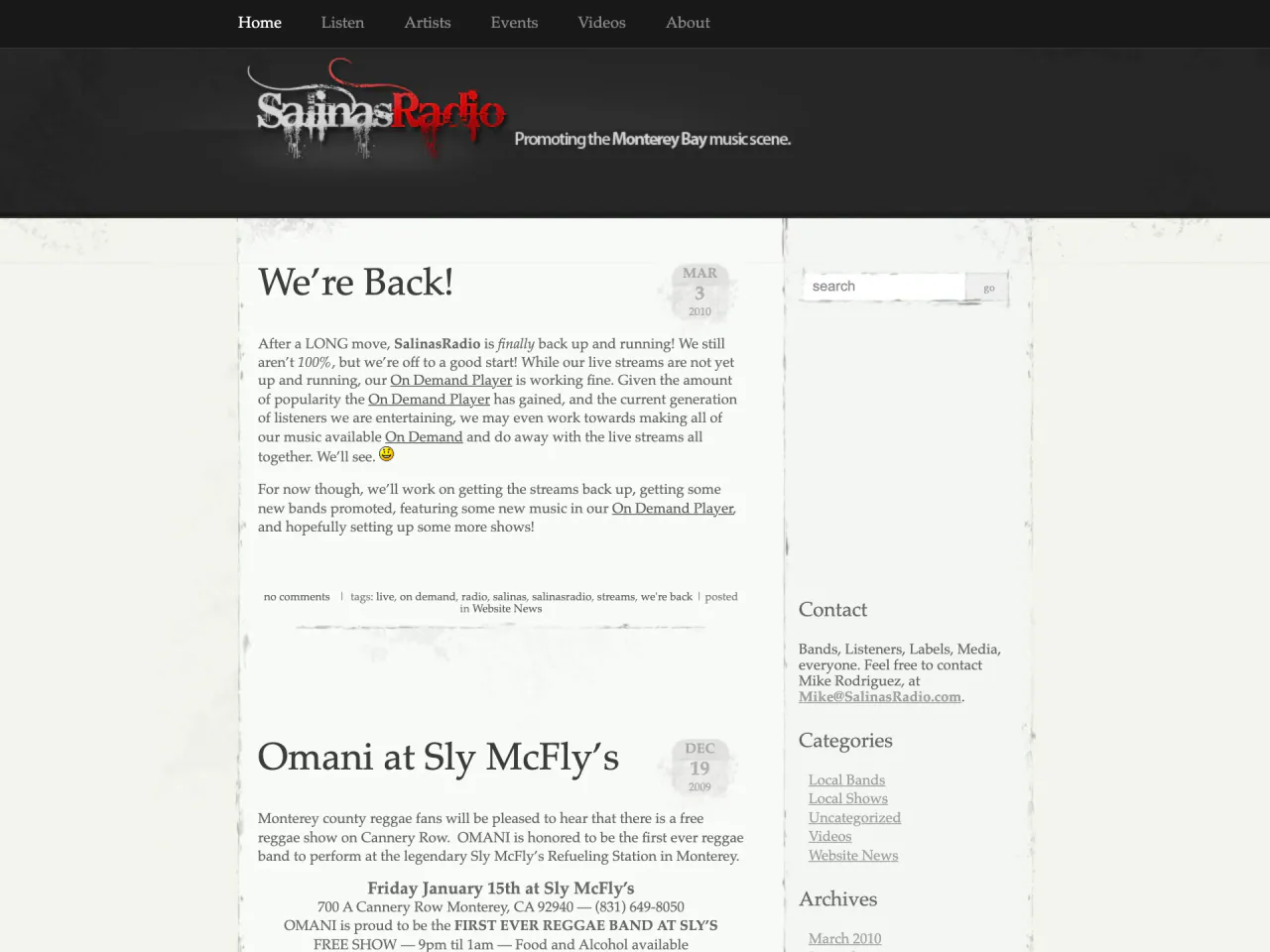 Archived capture of the SalinasRadio home page in July 2010