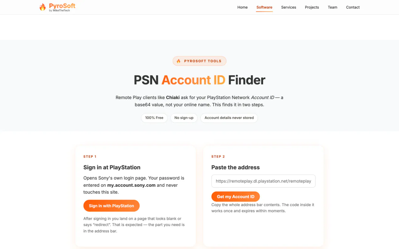 PSN Account ID Finder steps 1 and 2 with a Get my Account ID button
