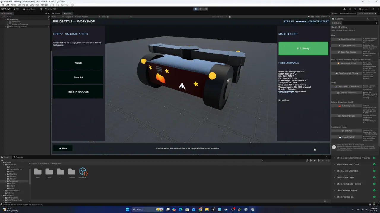 Unity editor, BuildBattle Workshop step 7 (Validate & Test): a finished bot beside its mass budget and performance stats