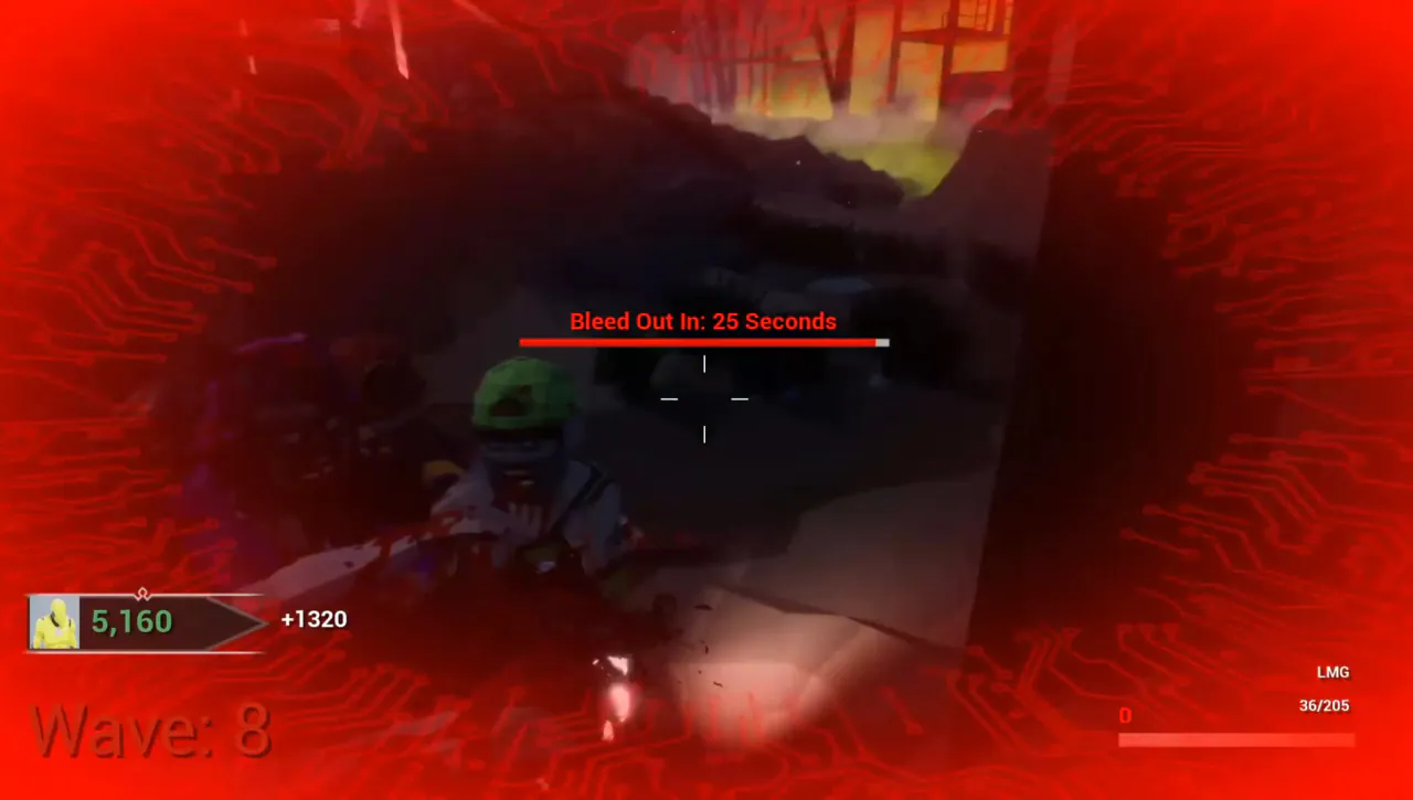 Red downed screen with a bleed-out timer on wave 8