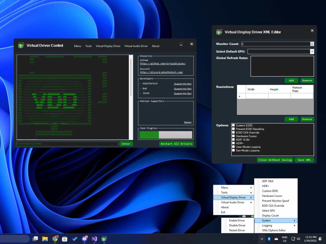Virtual Driver Control on a Windows desktop: the main window with its command console, the Virtual Display Driver XML editor, and the tray menu for driver options