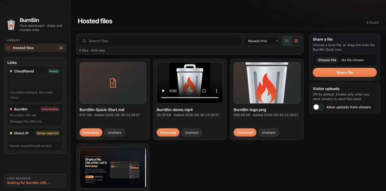 BurnBin host dashboard in grid view: four hosted files with image and video previews, Download and Unshare buttons, a Links panel showing Cloudflared, BurnBin and Direct IP status, and Share a file and Visitor uploads panels