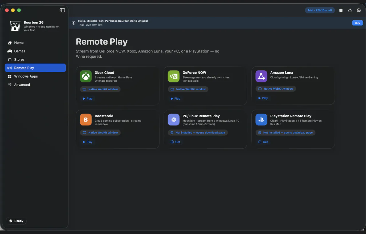 Bourbon 26 Remote Play screen