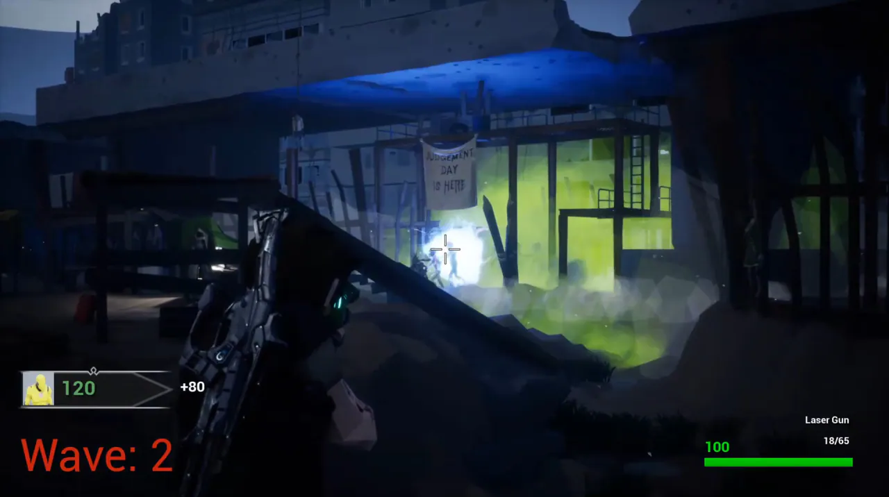 Laser fire at night under a “Judgement Day is here” banner, with a green glow beyond the scaffolding, wave 2