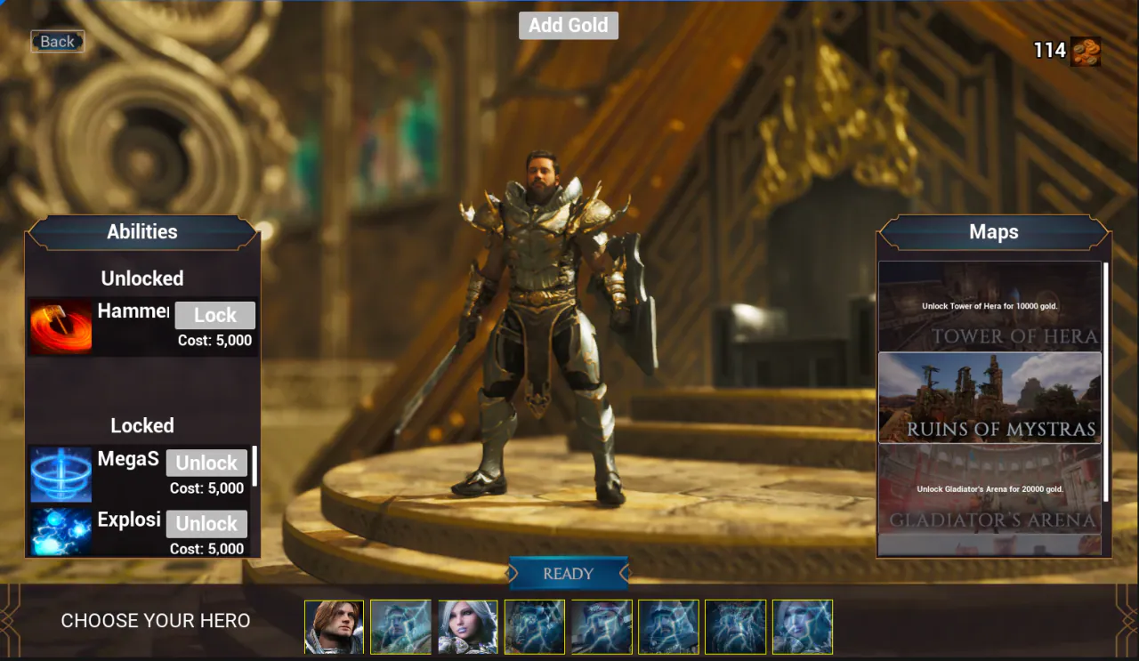 Choose Your Hero screen with abilities, maps and the hero roster